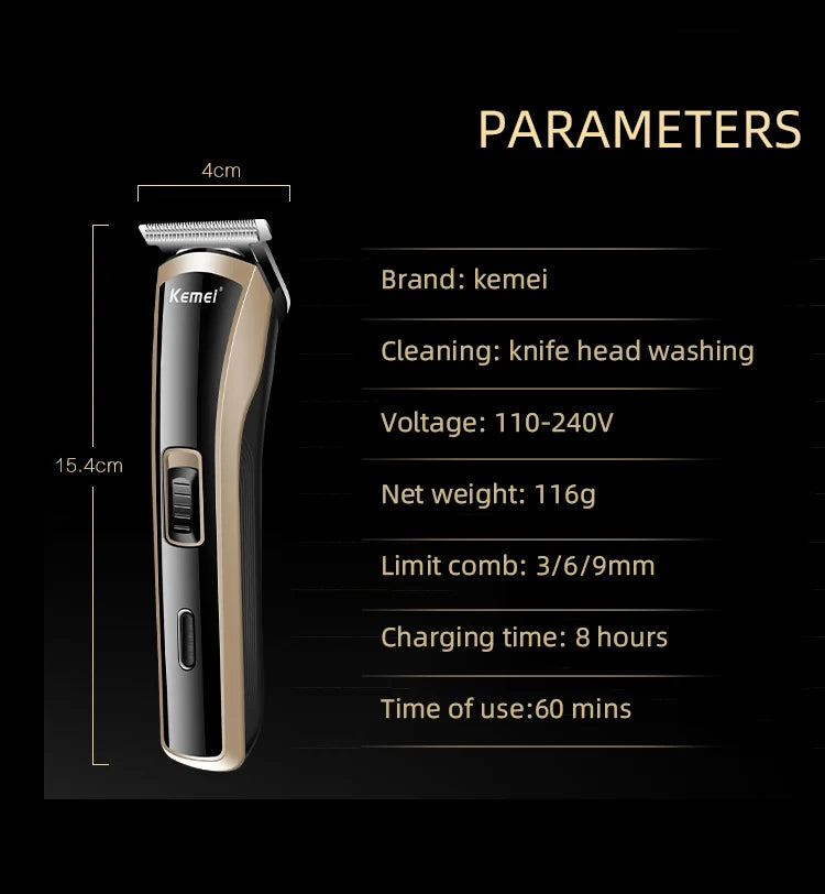 Kemei Waterproof Hair Clipper Rechargeable Electric Barber Trimmer Professional Cordless Hair Cutting Machine For Men KM-418